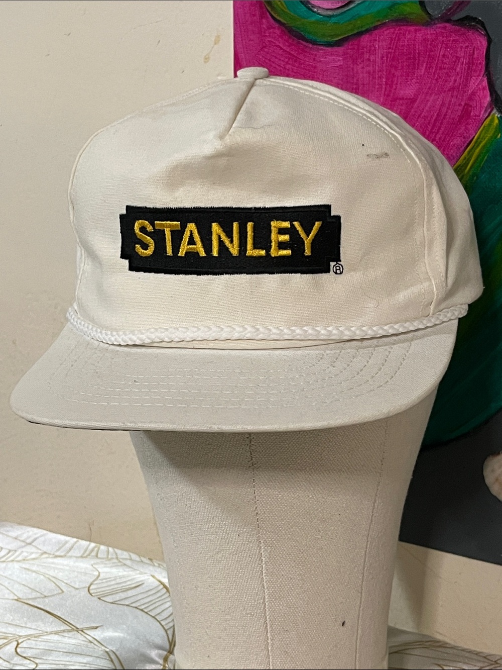 Stanley Cream Hat with Black Patch and Yellow Embroidery